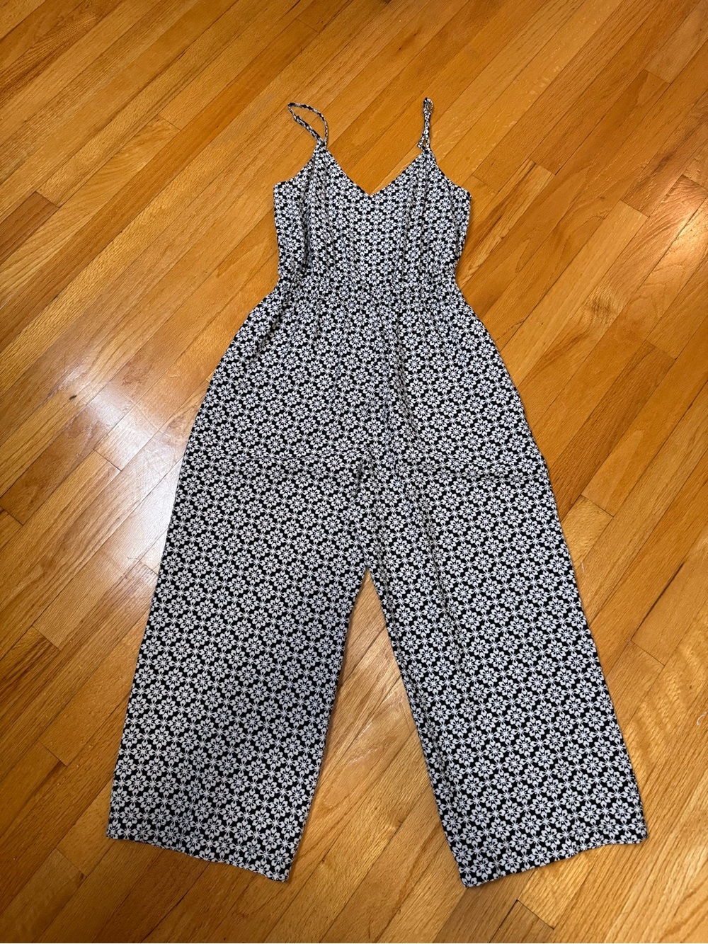 LOFT Black and White Floral Spaghetti-Strap Wide-Leg Jumpsuit